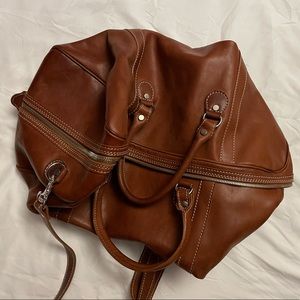 Floto Weekender Duffle Bag in Brown Leather with Striped Interior